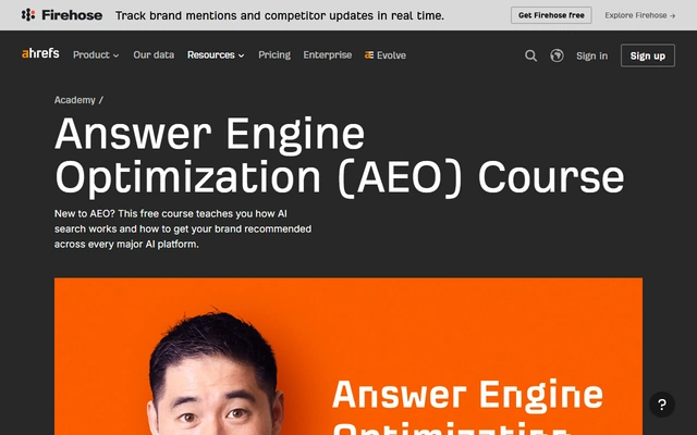Answer Engine Optimization (AEO) Course landing page on ahrefs.com, captured 19 Sep 2026