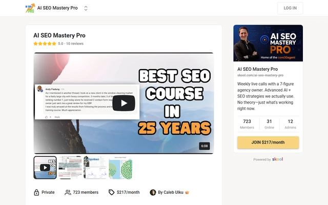 AI SEO Mastery Pro landing page on skool.com, captured 19 Sep 2026