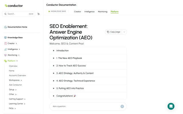 SEO Enablement: Answer Engine Optimization (AEO) landing page on conductor.com, captured 19 Sep 2026