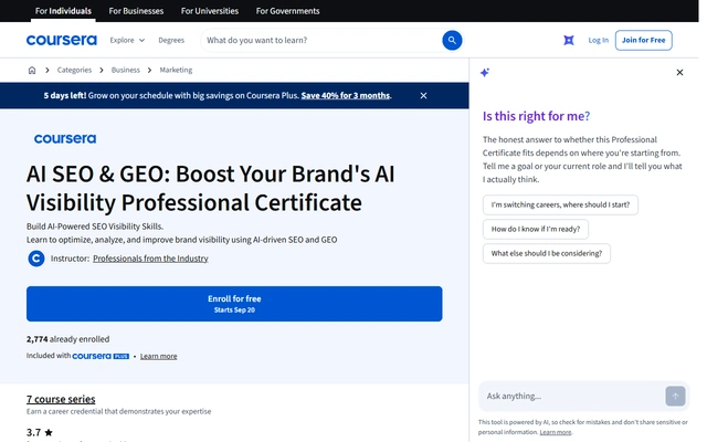 AI SEO and GEO: Boost Your Brand's AI Visibility Professional Certificate landing page on coursera.org, captured 19 Sep 2026