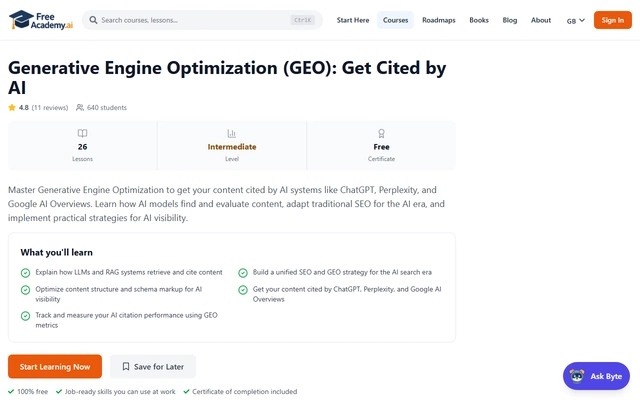 Generative Engine Optimization (GEO): Get Cited by AI landing page on freeacademy.ai, captured 19 Sep 2026