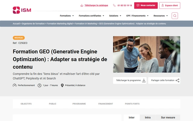 Du SEO au GEO: Adapter sa Stratégie de Contenu à l'Ère de l'IA Générative landing page on ism.fr, captured 19 Sep 2026