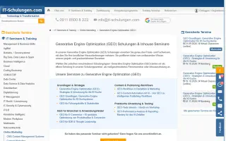 Generative Engine Optimization (GEO): Strategien & Umsetzung für die KI-Suche landing page on it-schulungen.com, captured 19 Sep 2026