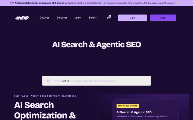 AI Search Optimization & Agentic SEO landing page on academy.mlforseo.com, captured 19 Sep 2026