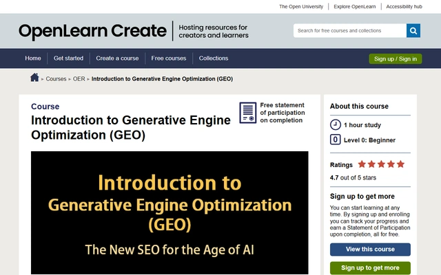 Introduction to Generative Engine Optimization (GEO) landing page on open.edu, captured 19 Sep 2026