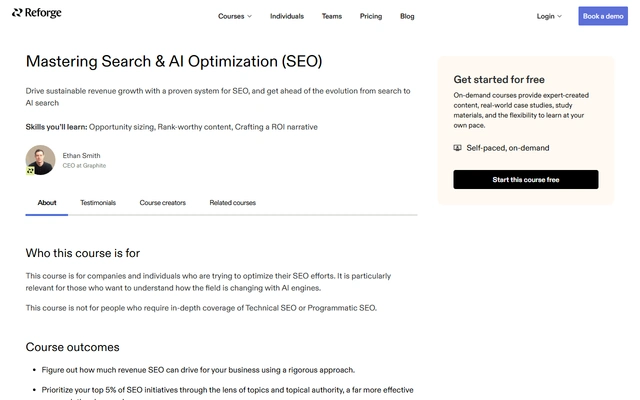 Mastering Search & AI Optimization (SEO) landing page on reforge.com, captured 19 Sep 2026