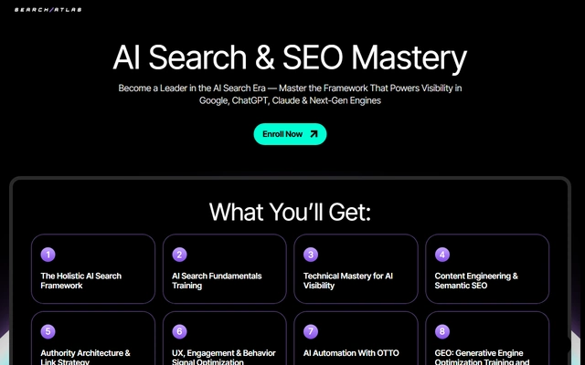 AI Search and SEO Mastery Course landing page on searchatlas.com, captured 19 Sep 2026