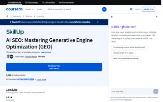 AI SEO: Mastering Generative Engine Optimization (GEO) landing page on coursera.org, captured 19 Sep 2026
