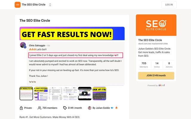The SEO Elite Circle landing page on skool.com, captured 19 Sep 2026