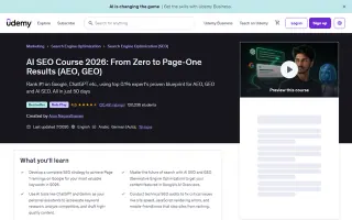 AI SEO Course 2026: From Zero to Page-One Results (AEO, GEO) landing page on udemy.com, captured 19 Sep 2026